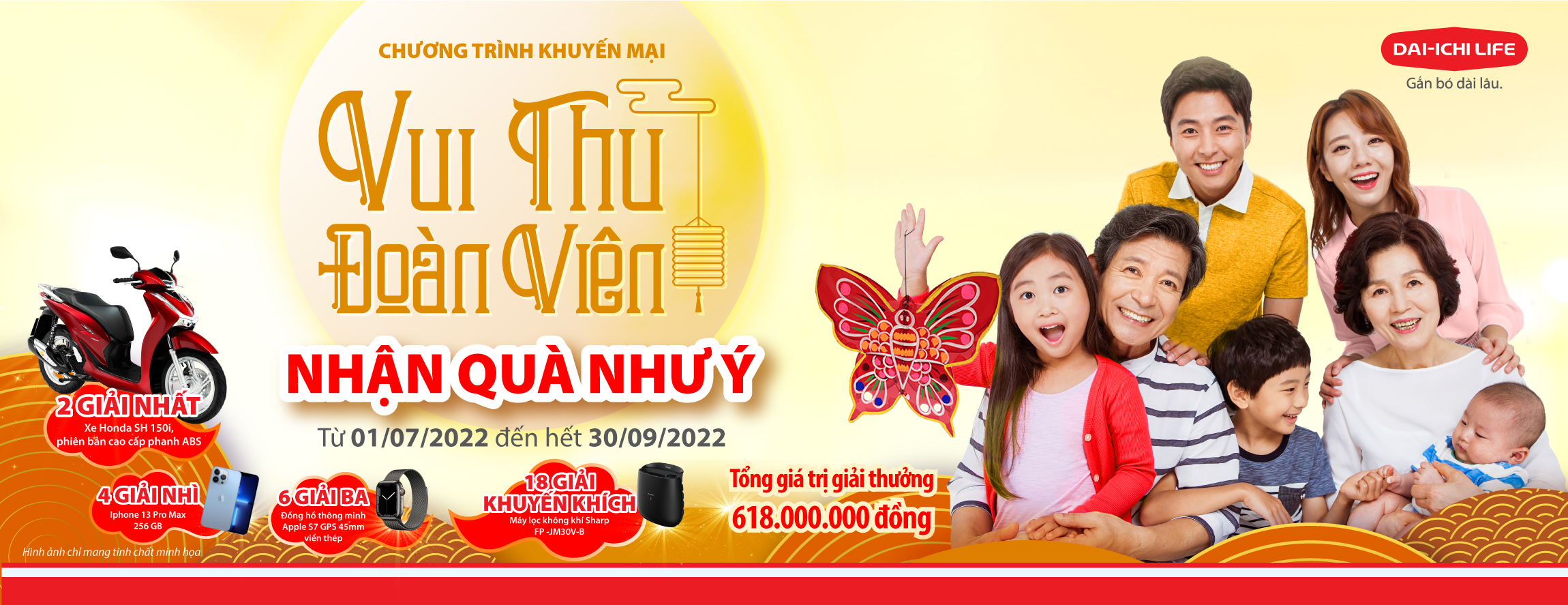 Dai-ichi Life Việt Nam tiếp tục triển khai Chương trình khuyến mại thứ 5- “Vui Thu Đoàn Viên, Nhận Quà Như Ý” nhân mùa Trung Thu 2022 với nhiều giải thưởng hấp dẫn có tổng trị giá hơn 600 triệu đồng. 